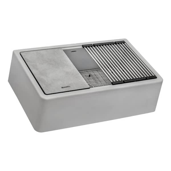 epiCast 33 in. Farmhouse Apron-Front SIngle Bowl Workstation Kitchen Sink in Matte Gray Granite Composite