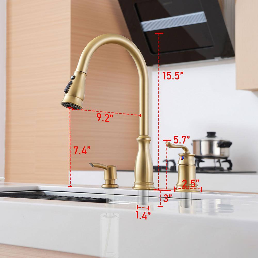 Brushed Gold Stainless Steel Pull Down Kitchen Faucet with Soap Dispenser