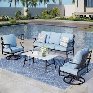 5 Seat 4-Piece Metal Steel Outdoor Patio Conversation Set with Blue Cushions, Swivel Chairs and Marble Pattern Table