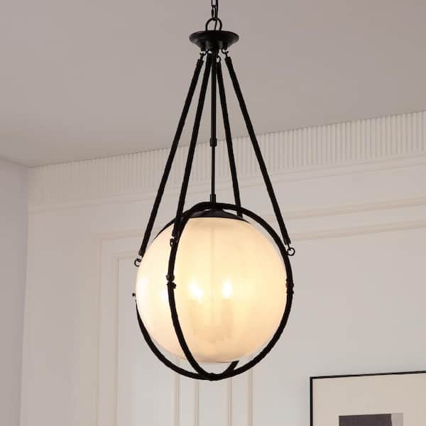 Voyager 4-Light Matte Black Pendant Light with Rope Detailing–Modern Hanging Light with Smoked Glass Shade