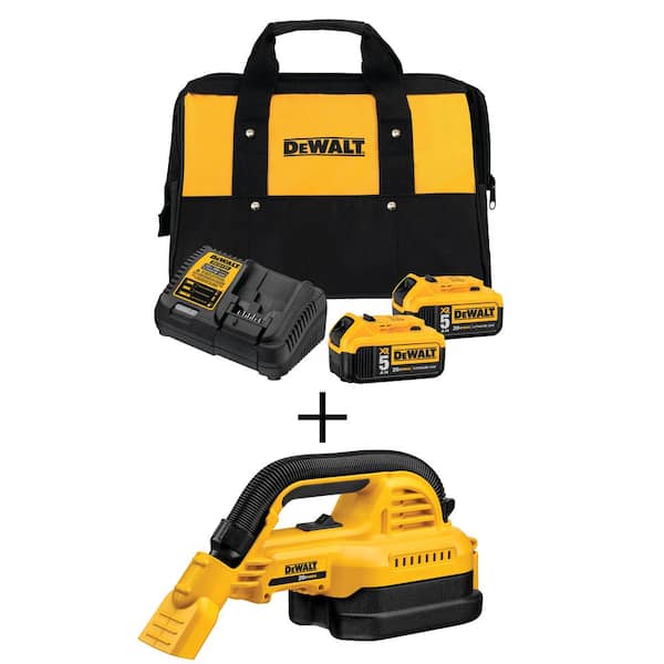 DEWALT 20V MAX Cordless 1/2 Gal. Wet/Dry Portable Vacuum, (2) 20V 5.0Ah Premium Batteries, Charger, and Kit Bag