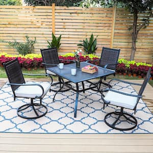 Black 5-Piece Metal Patio Outdoor Dining Set with Square Table and Rattan Swivel Chairs with Beige Cushion