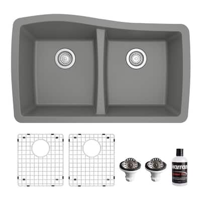 QU-720 Quartz/Granite 34 in. Double Bowl 50/50 Undermount Kitchen Sink in Grey with Bottom Grid and Strainer