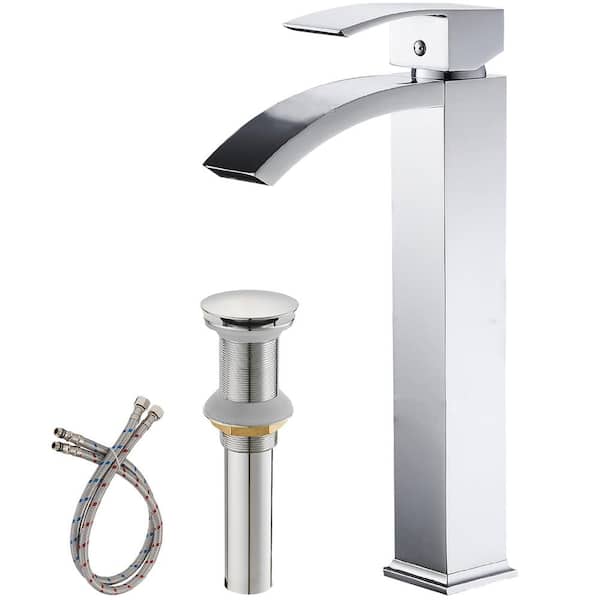 HOMEMYSTIQUE Single Handle Waterfall Vessel Sink Faucet with Drain Kit Included in Polshed Chrome