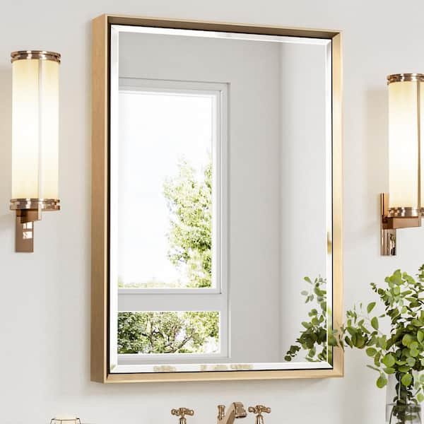 22 in. W x 30 in. H Aluminum Beveled Edge Rectangular Framed Bathroom Vanity Wall Mount Mirror in Gold