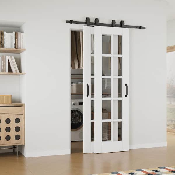 ARK DESIGN 40 in. x 80 in. (Double 24 in.) 10-Lite Clear Glass White Primed MDF Sliding Barn Door with Hardware Kit Bypass