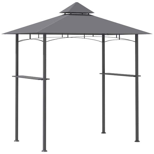 8 ft. x 5 ft. Gray Hardtop Grill Gazebo with Double Roof, Outdoor BBQ Gazebo with 2 Side Shelves