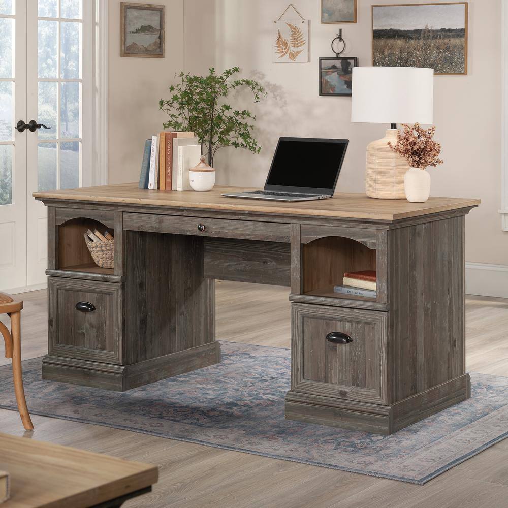 Pebble Pine Brown Executive Desk with Drawers and Filing Cabinet