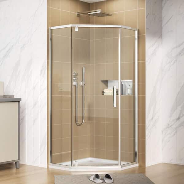 34-1/8 in. x 72 in. Semi-Frameless Neo-Angle Corner Hinged Shower Door Shower Enclosure in Chrome with Clear Glass