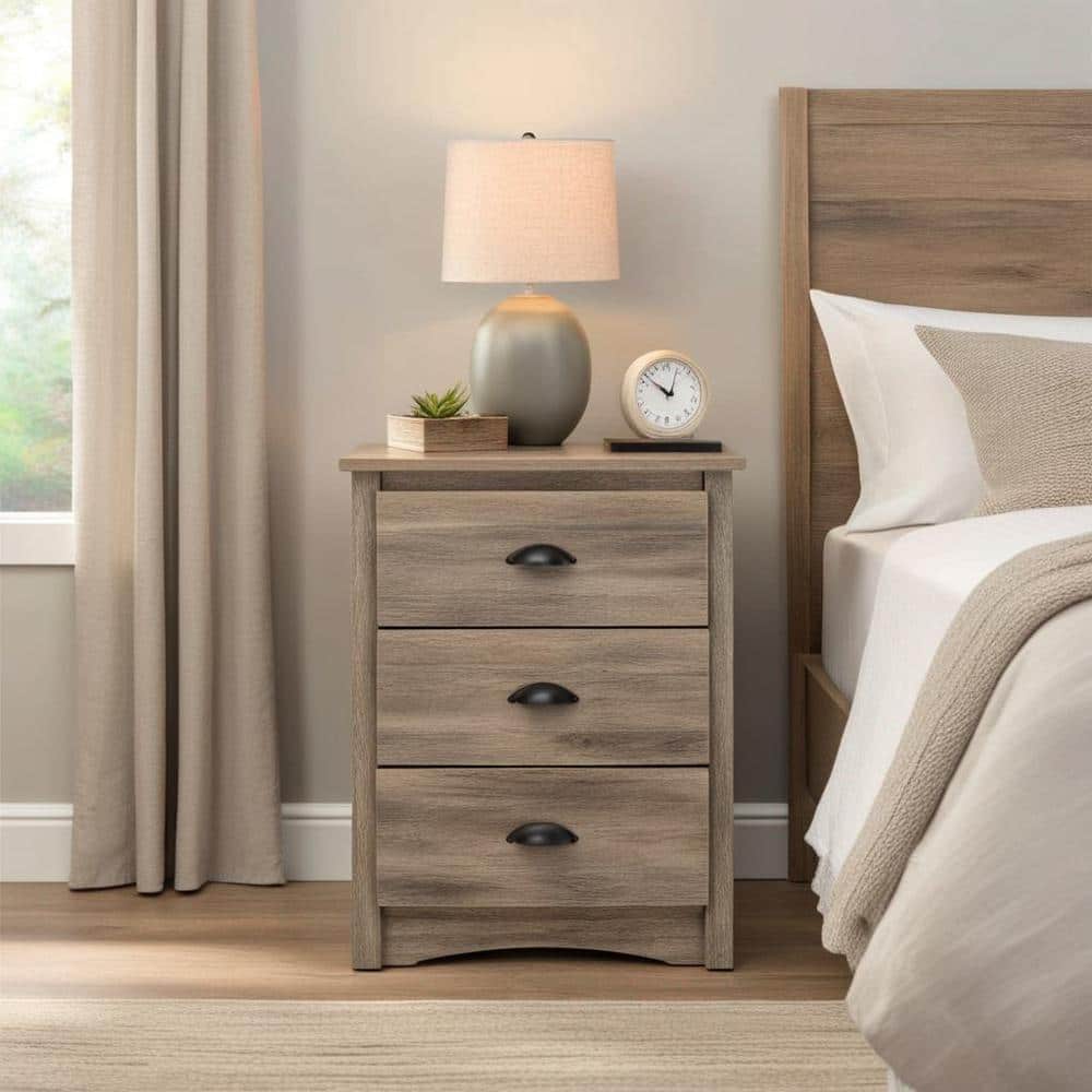 Drifted Gray 3-Drawer Tall Nightstand with Black Handles
