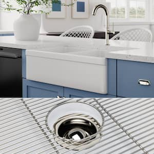 Luxury 33 in. Farmhouse/Apron-Front Double Bowl White Solid Fireclay Kitchen Sink with Polished Nickel Accs