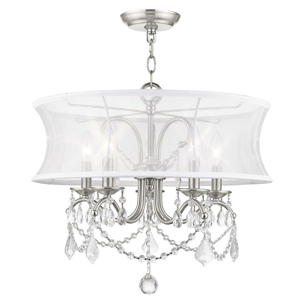 Newcastle Brushed Nickel 5-Light Chandelier with Crystal Drops and Silk Shade