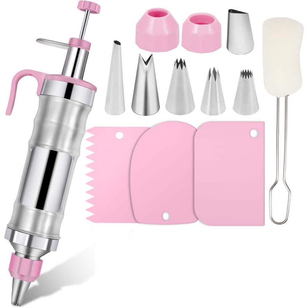 Cake Decorating Kit Stainless Steel Pink Finish Icing Syringe with 6 Piping Nozzles 3 Scrapers Set
