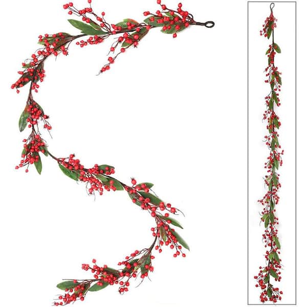 Larksilk 6 ft. Artificial Fruit Red Berry Garland with Lush Green Foliage, Floral Home by Artificial Flowers