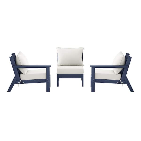Birchwood Navy Blue Arrangeable 3-Piece HDPE Deep Seating Outdoor Patio Conversation Sofa Armchair Set w/White Cushions
