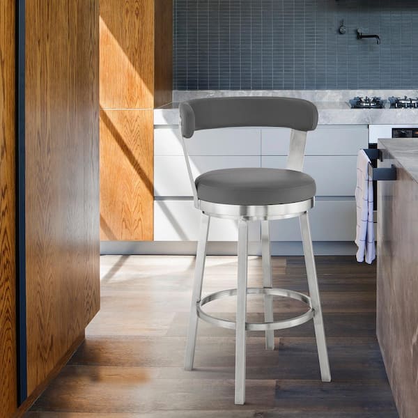Armen Living Bryant 30 in. Height Gray Faux Leather and Brushed Stainless Steel Frame Low Back Swivel Bar Stool