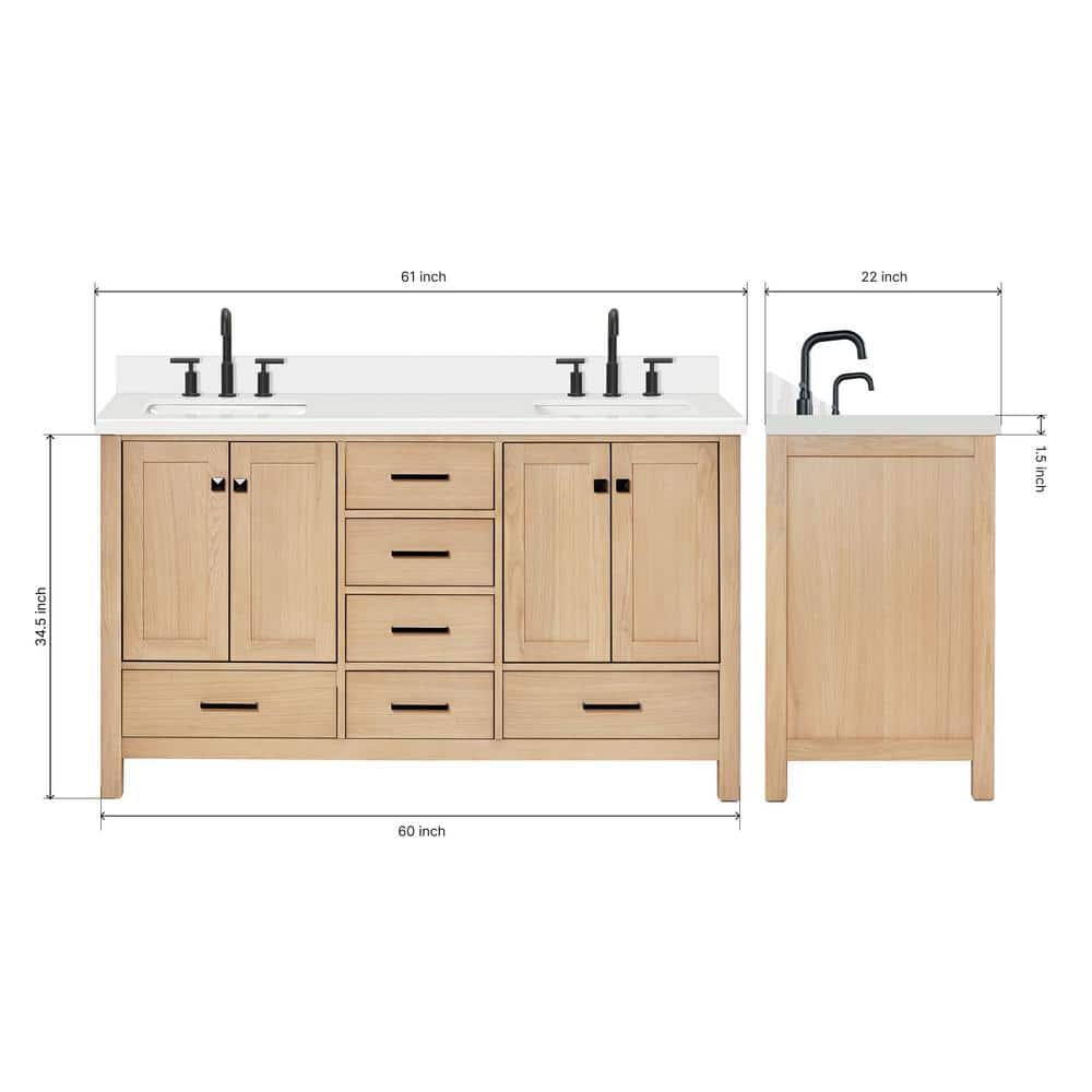 Cambridge 61'' Oak Double Freestanding Vanity with Quartz Top