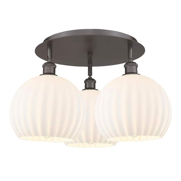 White Venetian 21.75 in. 3-Light Oil Rubbed Bronze Modern Flush Mount with Seeded Glass Shade