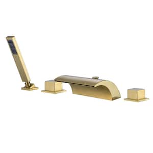 Waterfall Double Handle Tub Deck Mount Roman Tub Faucet with Hand Shower in Brushed Gold