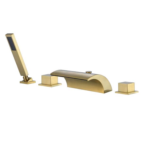 SUMERAIN Waterfall Double Handle Tub Deck Mount Roman Tub Faucet with Hand Shower in Brushed Gold