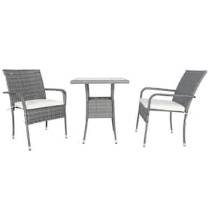 Classic Gray 3-Piece Wicker Patio Conversation Set with White Cushions