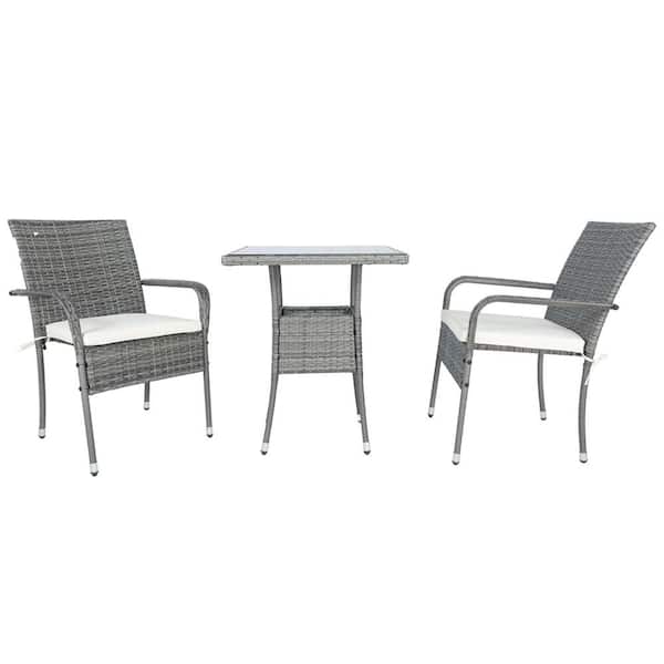 Nestfair Classic Gray 3-Piece Wicker Patio Conversation Set with White Cushions