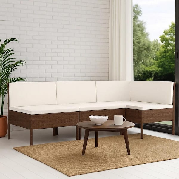 Brown 3-Piece Wicker Rattan Outdoor Modular Sofa Sectional Set with Cream White Cushion