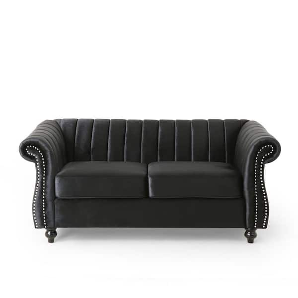 Noble House Glenmont 61.75 in. W Black and Dark Brown Modern Glam Channel Stitch Velvet 2-Seat Loveseat with Nailhead Trim