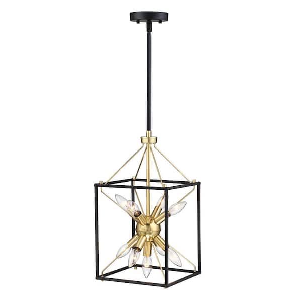 Hukoro Maze 9-Light 10 in. Modern Rectangle Lantern Pendant Light with Matte Black and Gold Accents