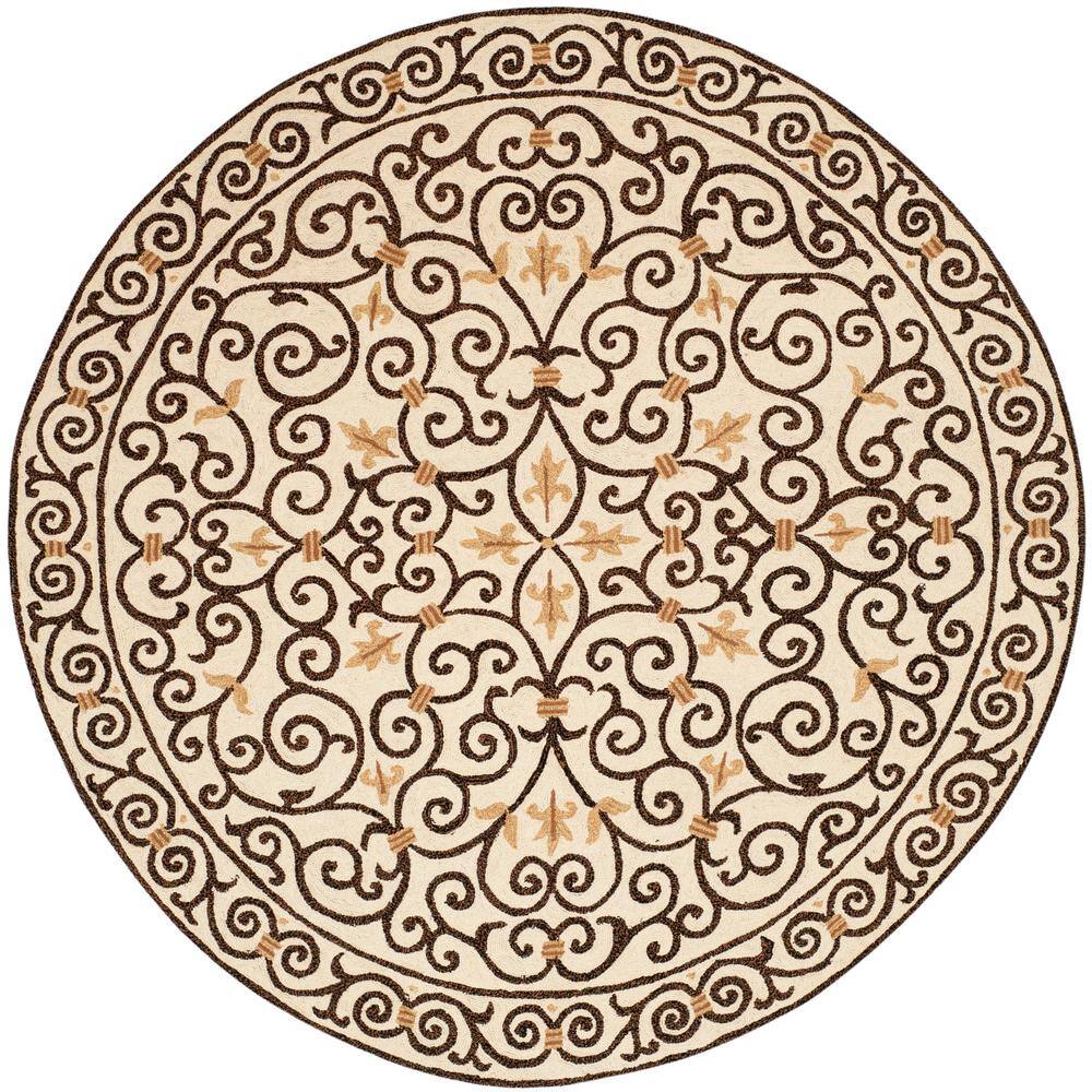 SAFAVIEH Chelsea Ivory/Dark Brown 8 ft. x 8 ft. Round Border Area Rug 100% pure virgin wool pile, hand-hooked to a durable cotton backing. American Country and turn-of-the-century European designs. This collection is handmade in China exclusively for Safavieh. This is a great addition to your home whether in the country side or busy city. Color: Ivory/Dark Brown.