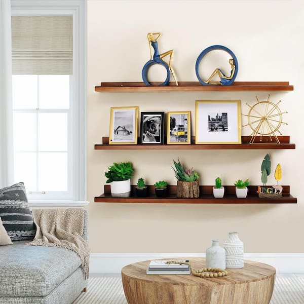 Floating Shelves Wall Mounted Set of 3 36 in. Cherry Brown Wood Shelves Wall Storage Shelves with Lip Design PUZ1KR The Home Depot