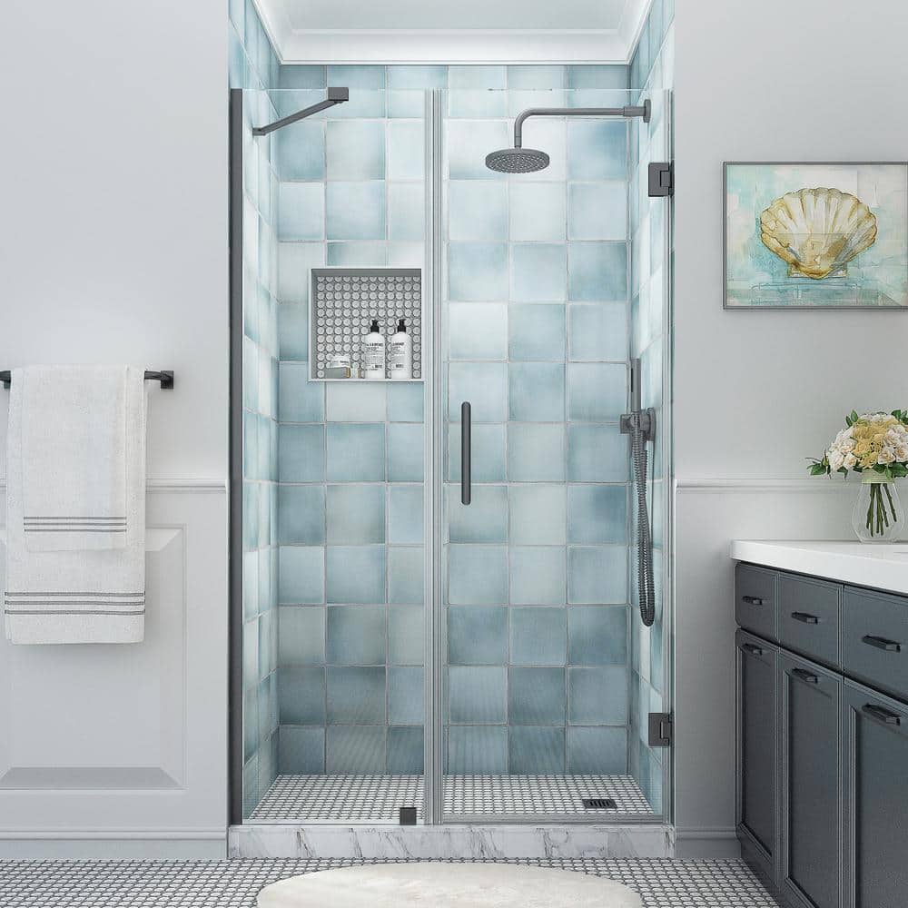 Belmore XL Matte Black Frameless Hinged Shower Door with Clear Glass