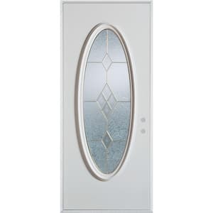 32 in. x 80 in. Geometric Brass Full Oval Lite Painted White Left-Hand Inswing Steel Prehung Front Door