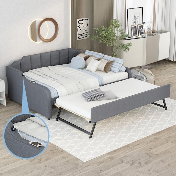 Harper & Bright Designs Gray Full Size Woven Fabric Upholstered Daybed with Twin Size Adjustable Portable Folding Trundle, USB Charging