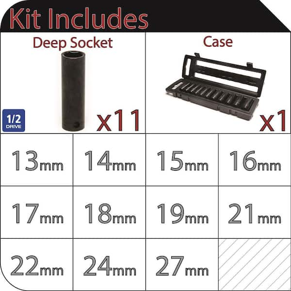 1/2 in. Drive Metric 6-Point Impact Socket Set with Storage Case (11-Piece)