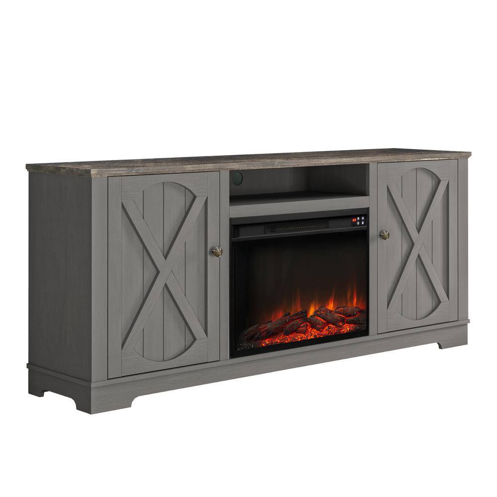 Gray Farmhouse TV Stand with Fireplace and Storage Cabinets