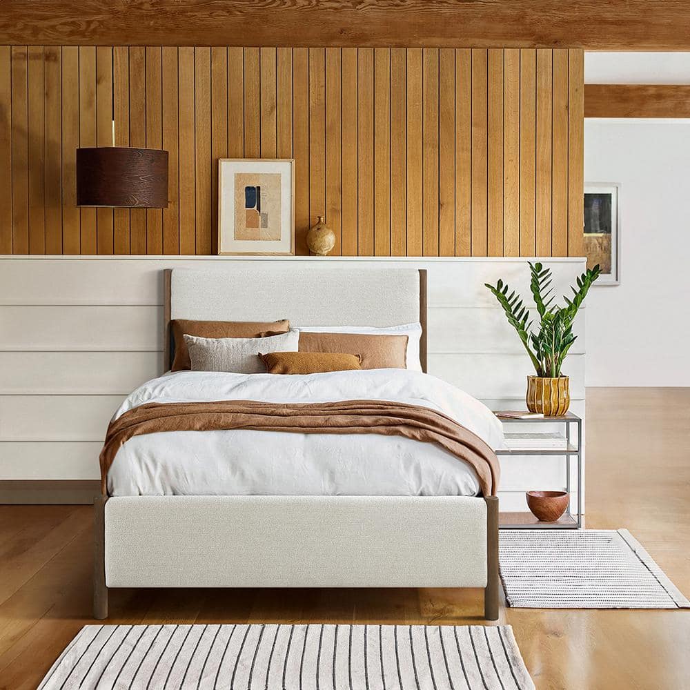 Logandale Beige Wood Frame Full Chenille Upholstered Platform Bed