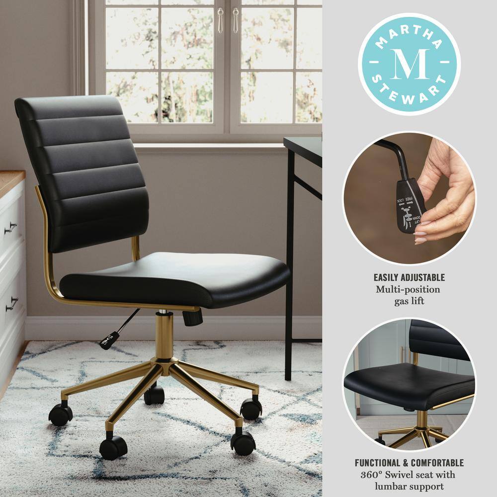 Black Faux Leather Armless Swivel Office Chair with Brass Frame