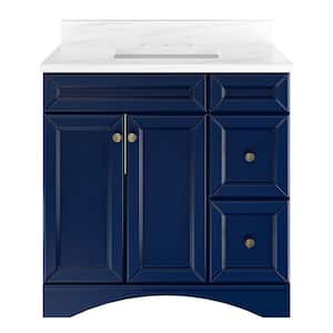 36 in. W x 22 in. D x 35.4 in. H Single Sink Bath Vanity in Navy Blue with White Marble Top and Basin [Free Faucet]
