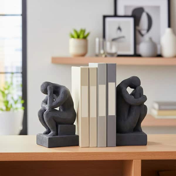 Black 4 in. x 7 in. Resin Square Thinking Man Bookends (Set of 2)