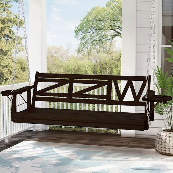 3-Person Dark Brown Wood Porch Swing with Hanging Chains Upgraded Cupholders
