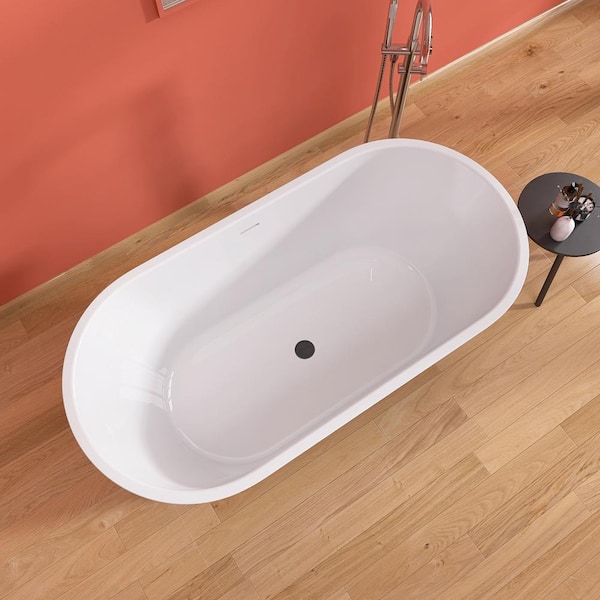 55 in. x 27.5 in. Acrylic Soaking Tub Flatbottom Free Standing Bathtub Chrome Anti-Clogging Drain in Glossy Black