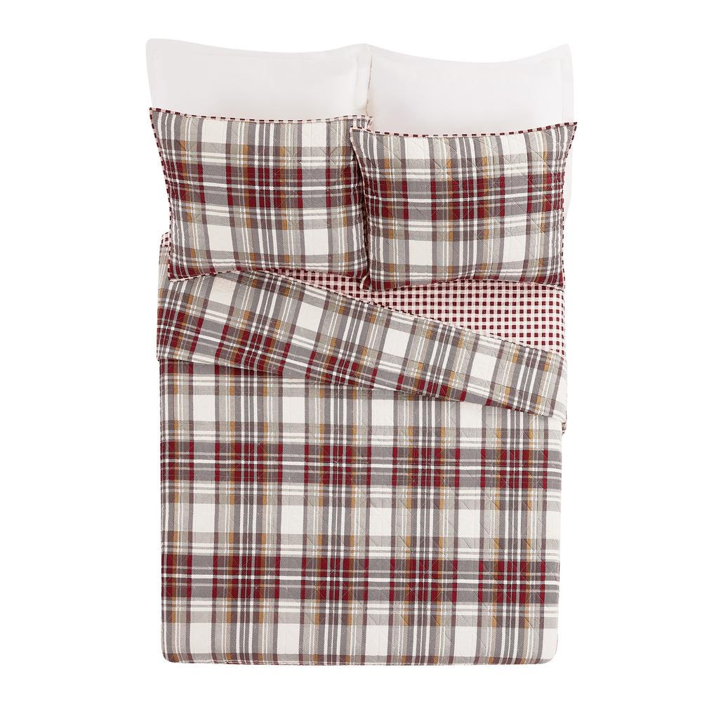 Camden Gray and Red Cotton Plaid Full Quilt Set