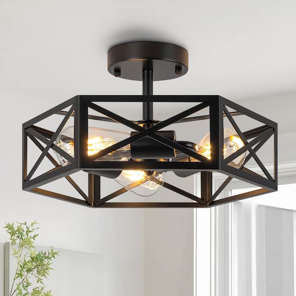 GoYeel 3-Light Modern Industrial Black Metal Hexagon Semi-Flush Mount Ceiling Light