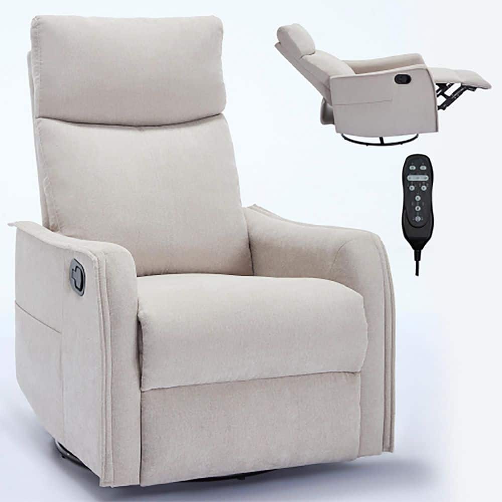 Beige Ergonomic Fabric Rocker and Swivel Recliner Chair with 8-Point Massag