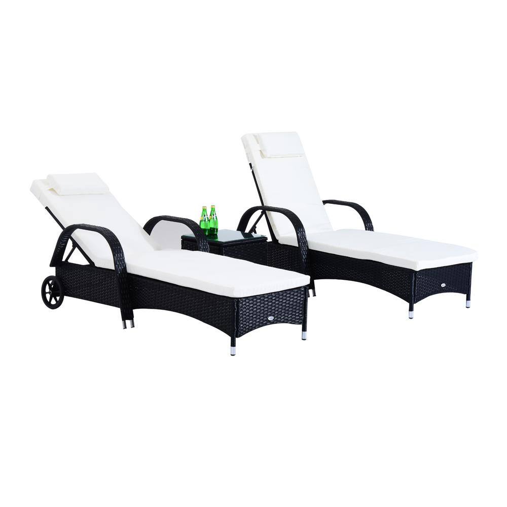 Black and White Adjustable Rattan Chaise Lounge Set with Cushions