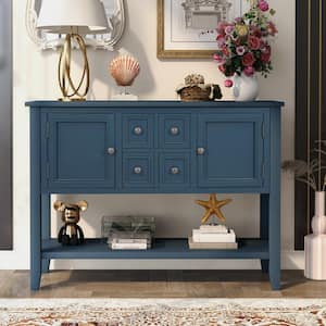 46 in. Antique Navy Rectangle Wood Console Sofa Table Buffet Sideboard with 4-Storage Drawers 2-Cabinets and Shelf