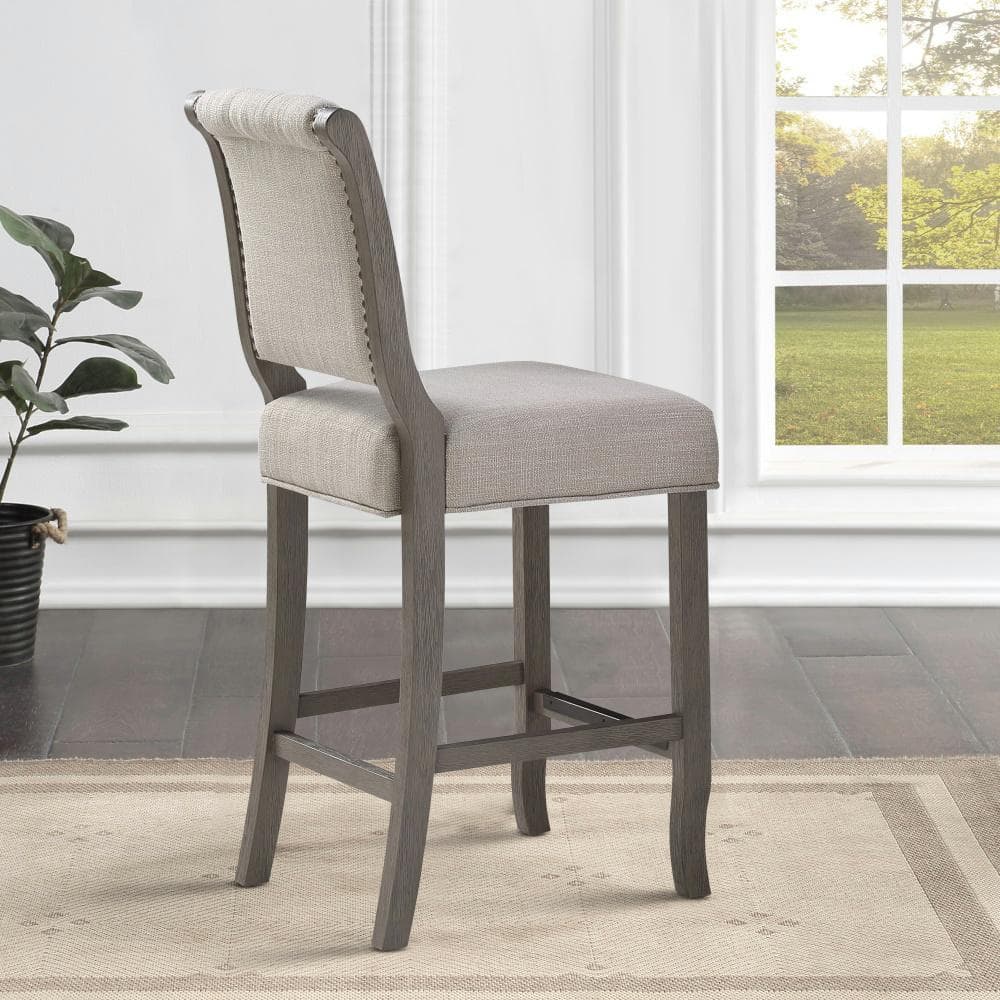 Driftwood Grey Tufted Back Counter Stool with Bronze Nailhead Trim