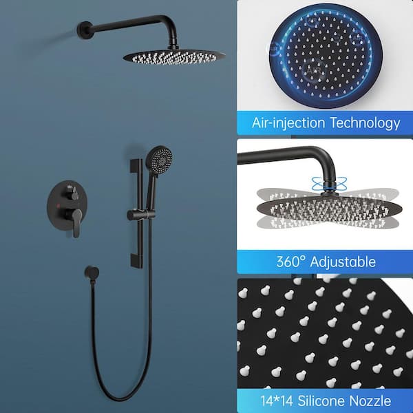 5-Spray Wall Mount Dual Fixed and Handheld Shower Head 2.5 GPM in Black