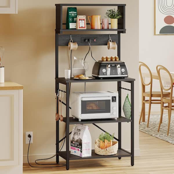 Black Grained 4-Tier Wood 23.62 in. W Baker's Rack with Power Outlet and Adjustable Storage Shelf